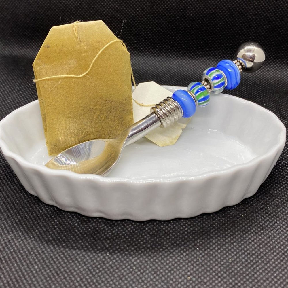 Tea Caddy Spoon Rest Plate With Speciality Hand Beaded Teaspoon Set